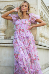 Vestido largo de tul con volantes, mangas abullonadas y lazo, con estampado floral de cuento de hadas - Morado